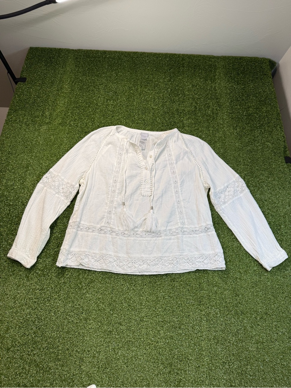 Chico's White Gauzy Lace Peasant Top Tie Front Boho Flowy Blouse Coastal Chic M